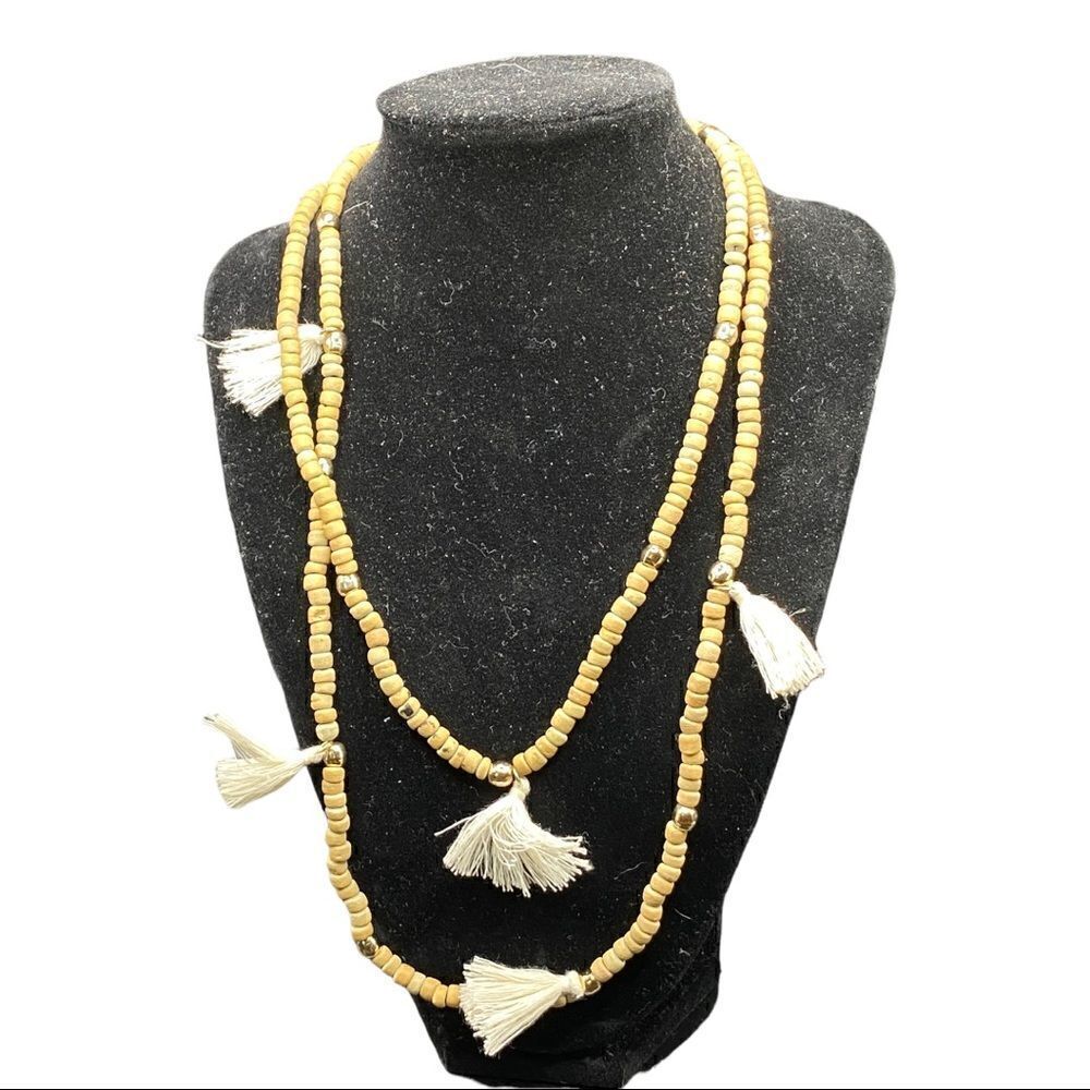 Chico’s lightweight tan breaded necklace with cream mini tassels branded hangtag
